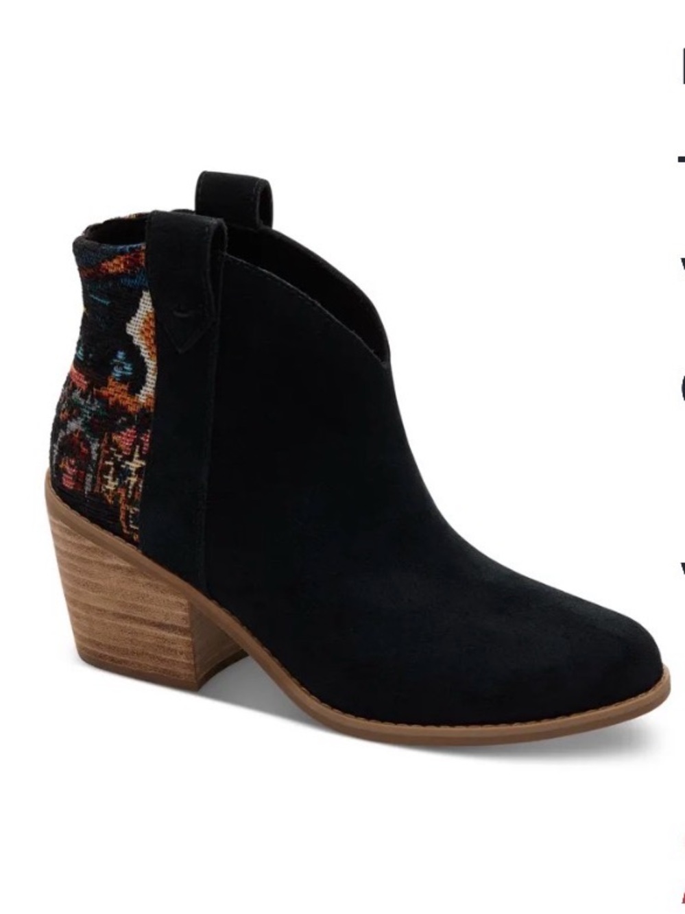 TOMS Constance Pull On Western Patterned Booties Black Suede Ankle Heel Size 6.5
